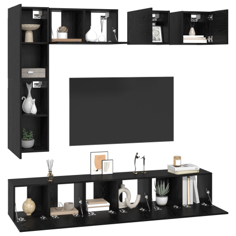 vidaXL Tv-meubelset met plank Anders met opslag met de deur 8 pcs Zwart eiken Bewerkt hout afbeelding3 - 1