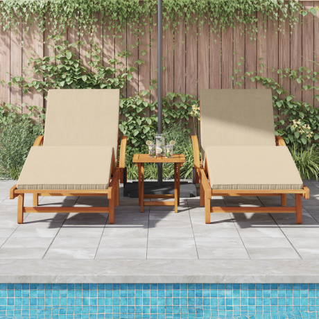 vidaXL Zonnebanken 2 stuks met Kussens en Tafel Beige Massief Acaciahout afbeelding3 - 1