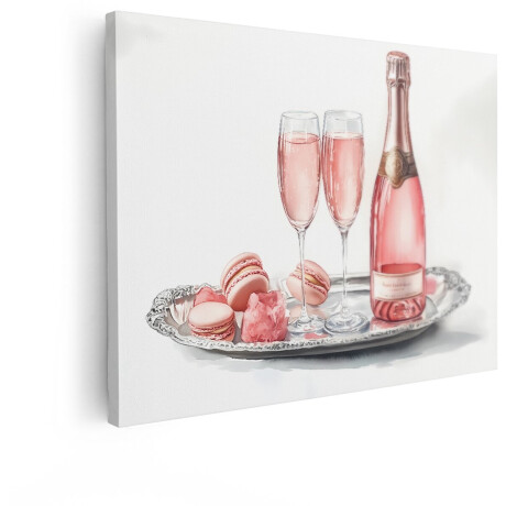 Artaza Canvas Schilderij Roze Champagne en Macarons op Zilveren Dienblad voor een Feestelijke Gelegenheid - 40x30 cm - Klein - Wanddecoratie Woonkamer - Schilderijen - Muurdecoratie