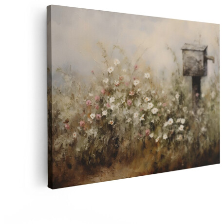 Artaza Canvas Schilderij Bloemenveld - 80x60 cm - Wanddecoratie Landelijk - Muurdecoratie Vogelhuisje - Decoratie Bloemen Schilderij