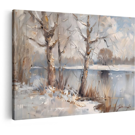 Artaza Canvas Schilderij Schilderij van een Winterlandschap met Bomen aan de Waterkant - 30x20 cm - Klein - Wanddecoratie Woonkamer - Schilderijen - Muurdecoratie