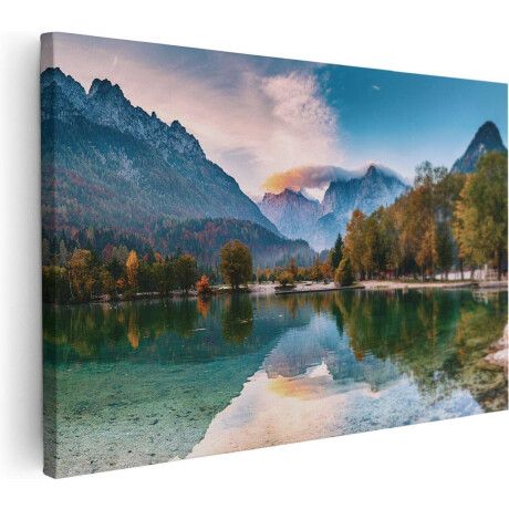 Artaza Canvas Schilderij Meer In De Bergen Met Een Geit Standbeeld - 90x60 - Foto Op Canvas - Canvas Print - Muurdecoratie