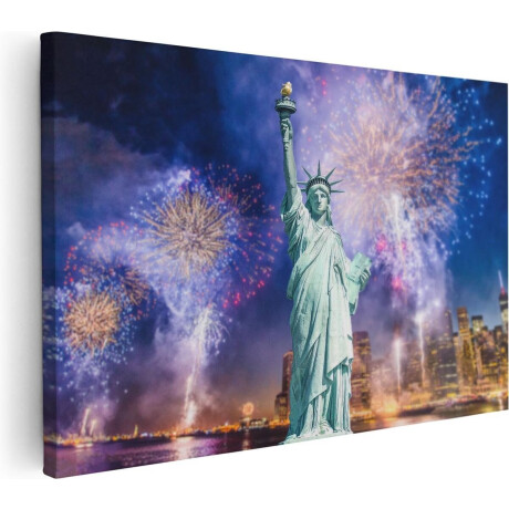 Artaza Canvas Schilderij Vrijheidsbeeld - 90x60 cm - Wanddecoratie New York - Muurdecoratie Skyline - Decoratie Vuurwerk