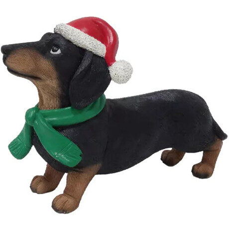 Beeld Teckel kerstmuts zwart rood 18 x 6 cm