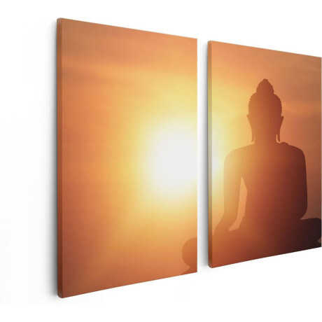 Artaza Canvas Schilderij Tweeluik Silhouet Van Een Boeddha Beeld Met Zonsondergang - 80x60 - Foto Op Canvas - Canvas Print