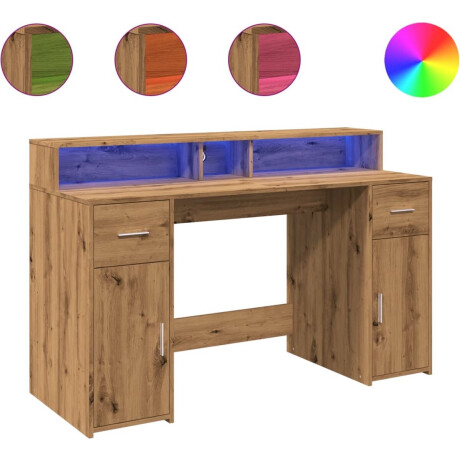 vidaXL - Bureau - met - LED-verlichting - 140x55x91 - cm - hout - artisanaal - eiken