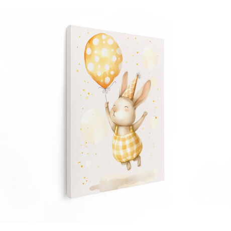 Artaza Canvas Schilderij Schattig Konijntje met Gele Ballon en Feestmuts Viert een Verjaardag - 60x80 cm - Wanddecoratie Woonkamer - Schilderijen - Muurdecoratie