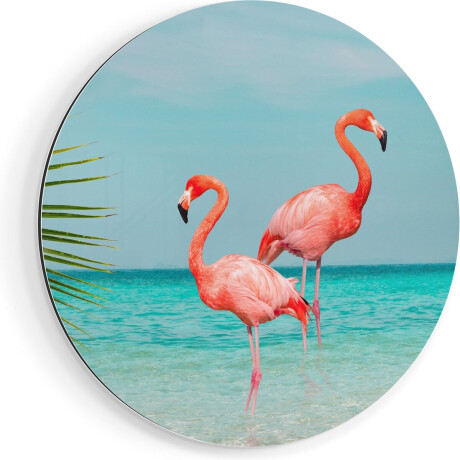 Artaza Dibond Muurcirkel Twee Flamingo's in het Water - Ø 80 cm - Groot - Wandcirkel - Rond Schilderij - Voor Binnen en Buiten