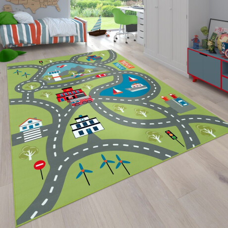 Flycarpets Binola Kindervloerkleed Groen / Grijs - 120x160 cm - Speelkleed / Speelmat Auto - Laagpolig Vloerkleed Kinderkamer