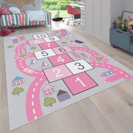 Flycarpets Binola Kindervloerkleed Roze / Grijs - 200x290 cm - Hinkelspel Speelkleed / Speelmat Auto - Laagpolig Vloerkleed Kinderkamer