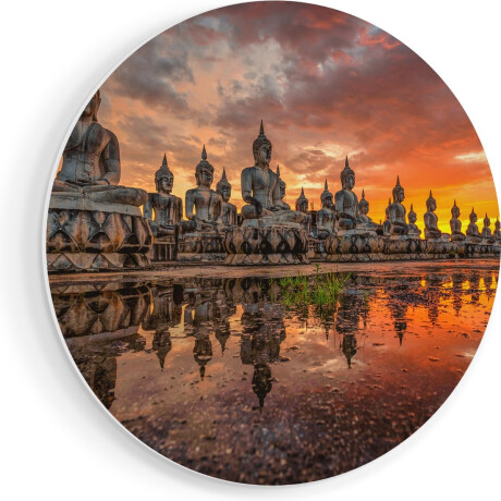 Artaza Forex Muurcirkel Boeddha Beelden Tijdens Zonsondergang - 90x90 cm - Groot - Wandcirkel - Rond Schilderij - Muurdecoratie Cirkel