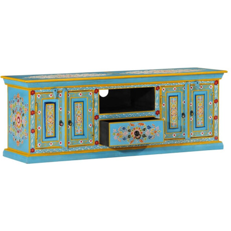 vidaXL Blauw Tv-meubel - Massief Mangohout, 110x30x40 cm Retro Tv Kast - Tv Stand - Mangohouten Tv Kast - Vintage Tv Kast - Blue Furniture