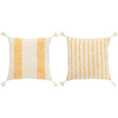 J-Line kussen Vierkant Strepen + Kwasten - katoen - wit/oranje - 2 stuks