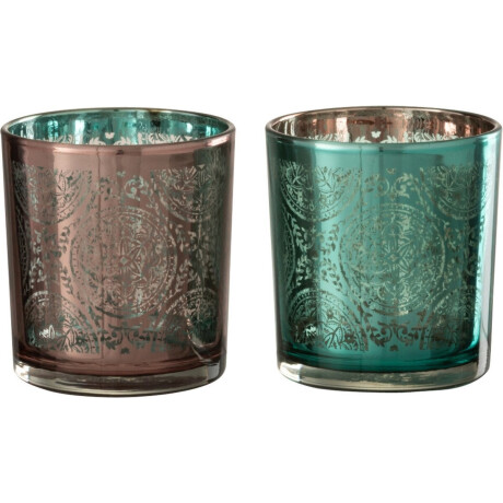 J-Line windlicht Oosters - glas - azuur/koper - small - 2 stuks