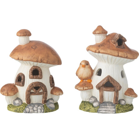 J-Line decoratie Huis Paddenstoel - porselein - mix - 2 stuks - LED lichtjes