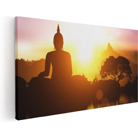 Artaza Canvas Schilderij Silhouet Van Boeddha Beeld Met Zonsondergang - 120x60 - Groot - Foto Op Canvas - Canvas Print