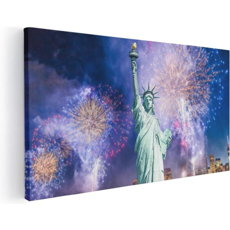 Artaza Canvas Schilderij Vrijheidsbeeld In New York Met Vuurwerk - 40x20 - Klein - Foto Op Canvas - Canvas Print