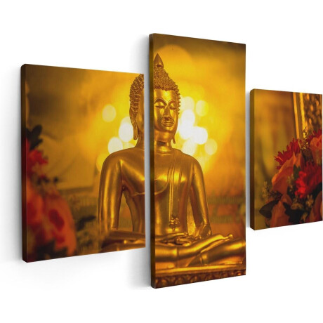 Artaza Canvas Schilderij Drieluik Gouden Boeddha Beeld - 90x60 - Foto Op Canvas - Canvas Print