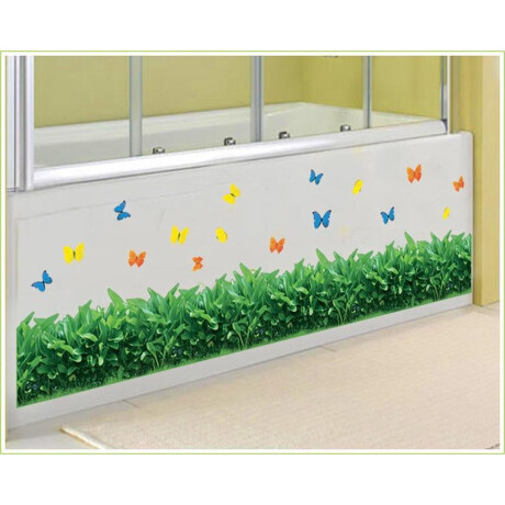 Decoratieve Muursticker Gras En Vlinders - Badkamer - Sticker - Wanddecoratie - Natuur