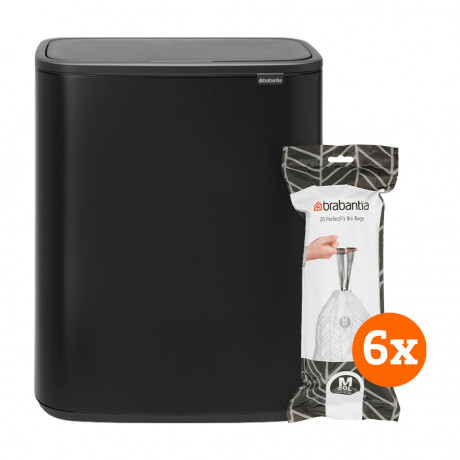 Brabantia Bo Touch Bin 60 Liter Mat Zwart + Vuilniszakken (2 x 60 stuks)