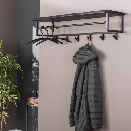 Kapstok 'Yena' Acaciahout en metaal, met 6 haken en plank, kleur zwart