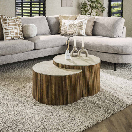 LifestyleFurn Halfronde Salontafel 'Beckie' Mangohout en Keramiek in Travertin-look, Set van 2 stuks