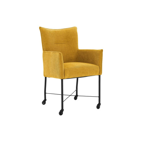Goossens Eetkamerstoel Erik geel stof met armleuning en met wielenmet skaterwielen, modern design