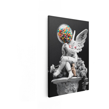 Artaza Canvas Schilderij Moderne Engel Beeldje met Kauwgomballenhoofd en Tatoeages op Sokkel - 20x30 cm - Klein - Wanddecoratie Woonkamer - Schilderijen - Muurdecoratie