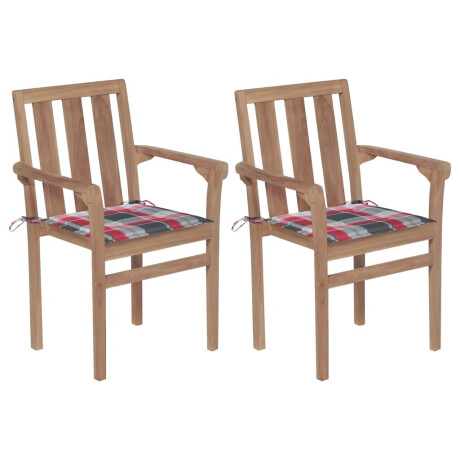 vidaXL Tuinstoelen 2 st met rood geruite kussens massief teakhout