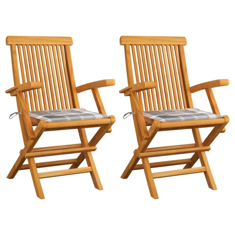 vidaXL Tuinstoelen 2 st met grijs geruite kussens massief teakhout