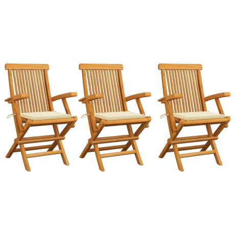 vidaXL Tuinstoelen 3 st met crèmekleurige kussens massief teakhout