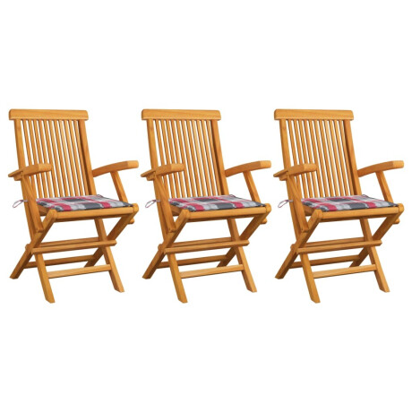 vidaXL Tuinstoelen 3 st met rood geruite kussens massief teakhout