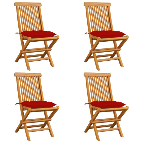 vidaXL Tuinstoelen 4 st met rode kussens massief teakhout