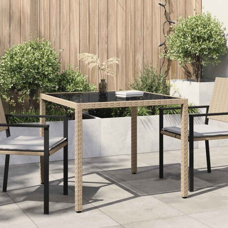 vidaXL Tuintafel 90x90x75 cm gehard glas en poly rattan beige