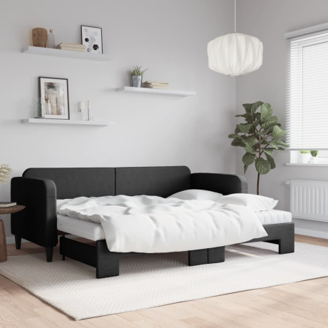 vidaXL Slaapbank met onderschuifbed en matrassen 80x200 cm stof zwart