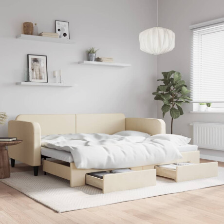 vidaXL Slaapbank met onderschuifbed en lades 90x200 cm stof crèmekleur