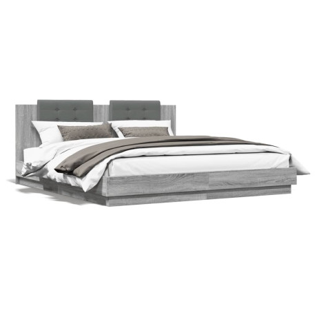 vidaXL Bedframe met hoofdbord en LED grijs sonoma eiken 200x200 cm
