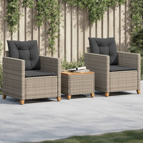 vidaXL 3-delige Bistroset met kussens poly rattan en acaciahout grijs