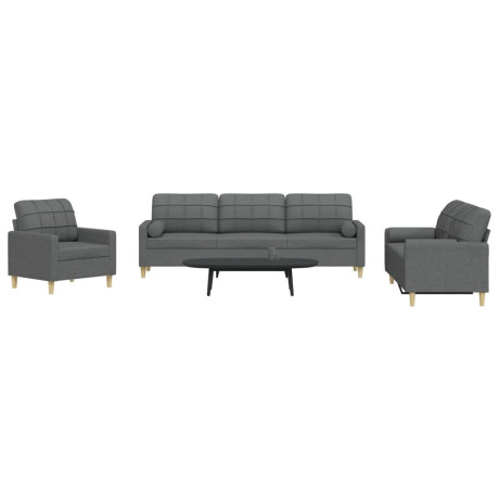 vidaXL 3-delige Loungeset met sierkussens stof donkergrijs
