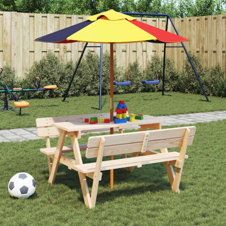 vidaXL Picknicktafel voor 4 kinderen met parasol massief vurenhout