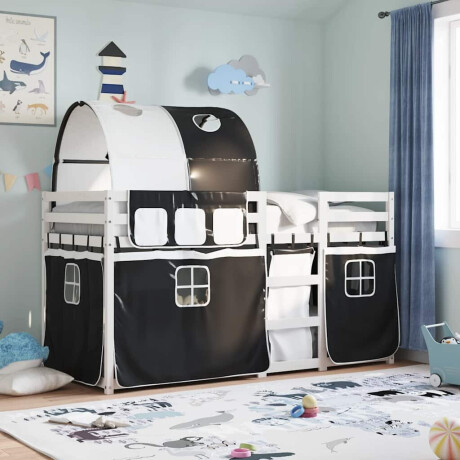 vidaXL Stapelbed met gordijnen 90x190 cm grenenhout wit en zwart