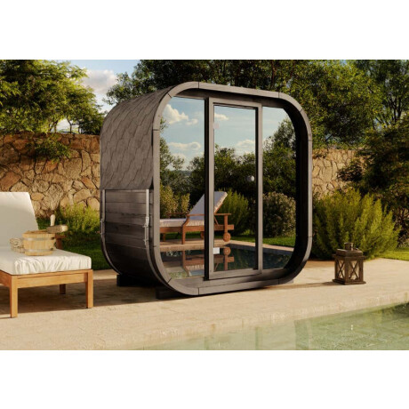 FinnTherm Ellipso M zwarte barrelsauna met spiegelglas