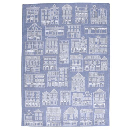 Theedoek, katoen, blauw/wit met gevelmotief