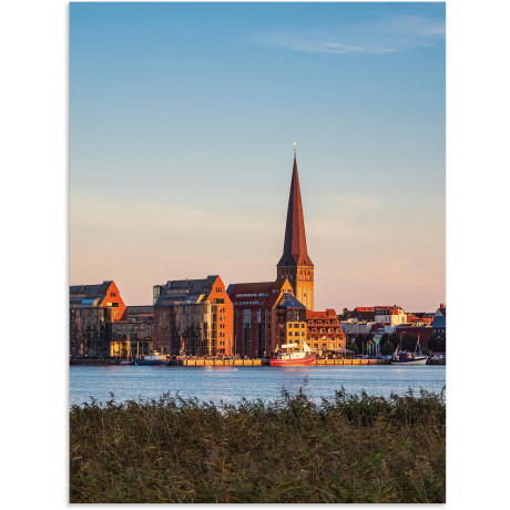 Artland Aluminium dibond print Uitzicht over Warnow, Hanzestad Rostock geschikt voor binnen en buiten, buitenafbeelding