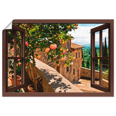 Artland Artprint Blik uit het venster rozen op balkon Toscane als artprint van aluminium, artprint voor buiten, artprint op linnen, poster, muursticker