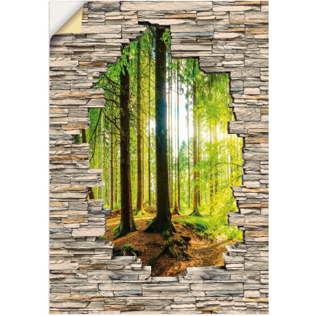 Artland Artprint Bos met stenen muur met uitzicht op de kreek als artprint van aluminium, artprint voor buiten, poster, muursticker in diverse maten formaten