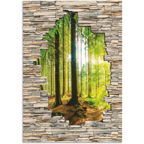 Artland Artprint Bos met stenen muur met uitzicht op de kreek als artprint van aluminium, artprint voor buiten, poster, muursticker in diverse maten formaten