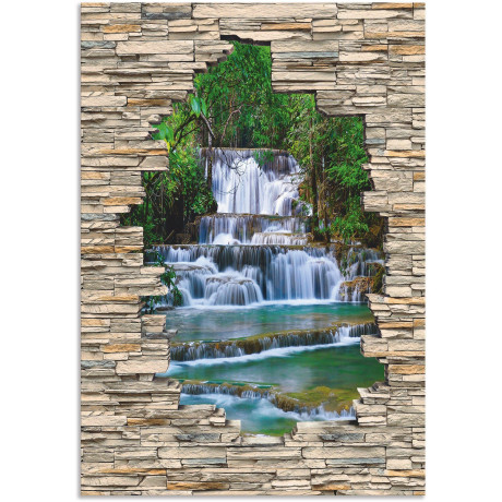 Artland Artprint Uitzicht op de diepe boswaterval met stenen muur als artprint van aluminium, artprint voor buiten, muursticker in diverse maten