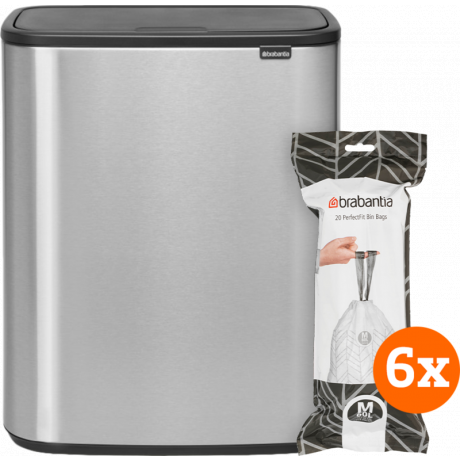 Brabantia Bo Touch Bin 60 Liter Staal Vingerafdruk Proof + Vuilniszakken (6 x 20 stuks)