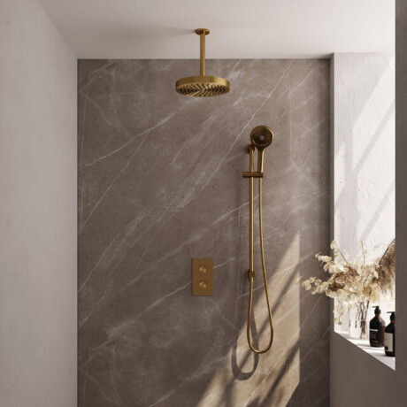 BRAUER Stripe Thermostatische Inbouw Regendouche - 3-weg - rechthoekig - 25cm douchekop - plafondarm - 3-standen handdouche - doucheslang - geïntegreerde glijstang - goud geborsteld PVD 5-GG-411